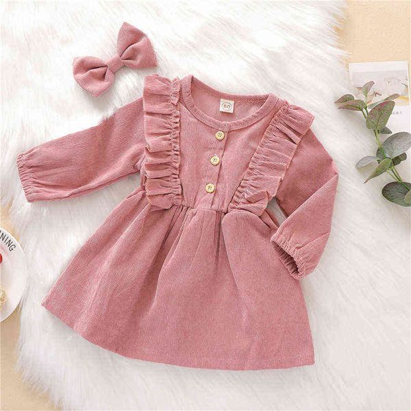 

autumn winter toddler baby girls dress long sleeve ruffles princess dress kids corduroy pleated fashion children casual dress l220715, Red;yellow