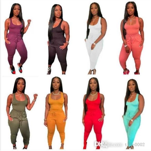 

women two piece pants set vest tank casual outfits jogging suit belt tether solid color ladies plus size clothing, White