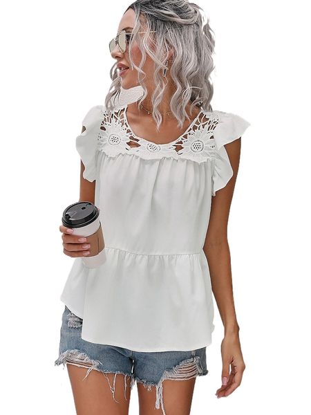 

guipure lace panel ruffle sleeve peplum blouse x8gg#, White