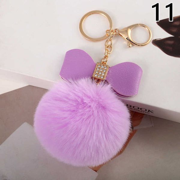 

keychains faux fur pompon keychain women chain rhinestone leather bow knot artificial rabbit ball bag pendant car ring gift, Silver