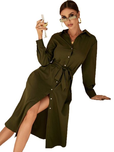 

split hem button up belted shirt dress m5fl#, Black;gray