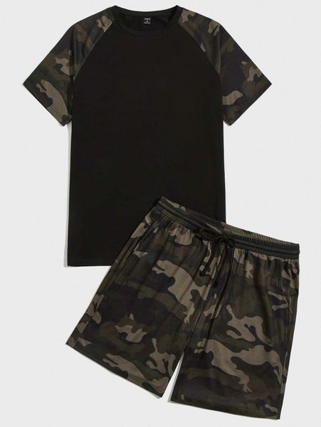 

men camo print raglan sleeve tee & drawstring waist shorts set d1ut#, Gray