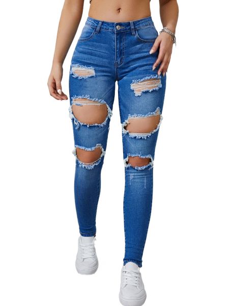 

cat whisker washed cut out ripped frayed skinny jeans 43w7#, Blue