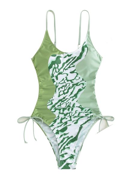 

random graphic print drawstring side one piece swimsuit a0l7#, White;black