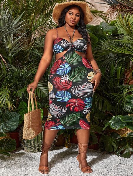 

sxy plus cut out front tropical print tie back dress z5ls#, Black