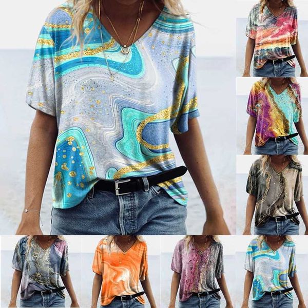 

2022 new women's v-neck short sleeve printed t-shirt marble style, White