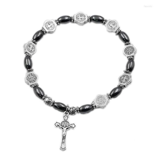 Perles Brins VILLWICE Vintage Hématite Rosaire Bracelet St Benoît Médaille Jésus Croix Bracelets Bijoux Catholiques Prière Cadeau Fawn22