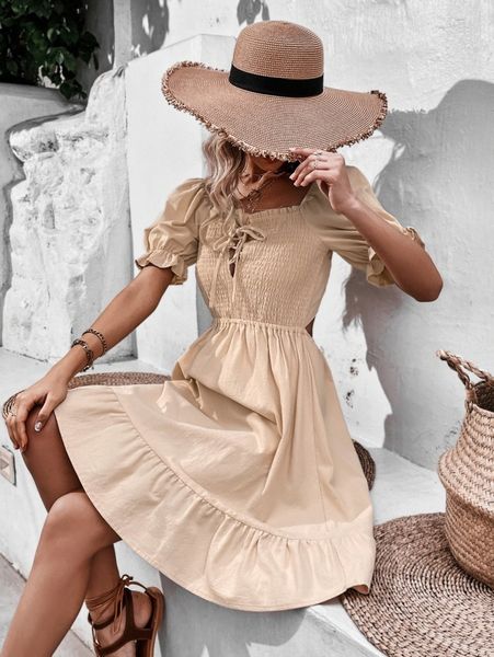 

shirred bust tie back cut out ruffle hem dress x6xi#, Black;gray