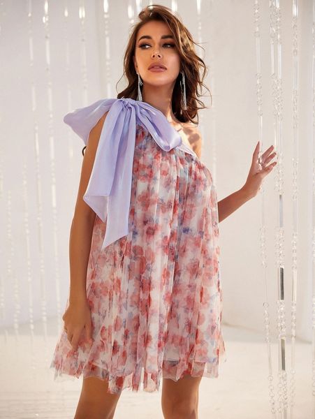 

one shoulder floral print organza mesh dress w0ye#, Black;gray