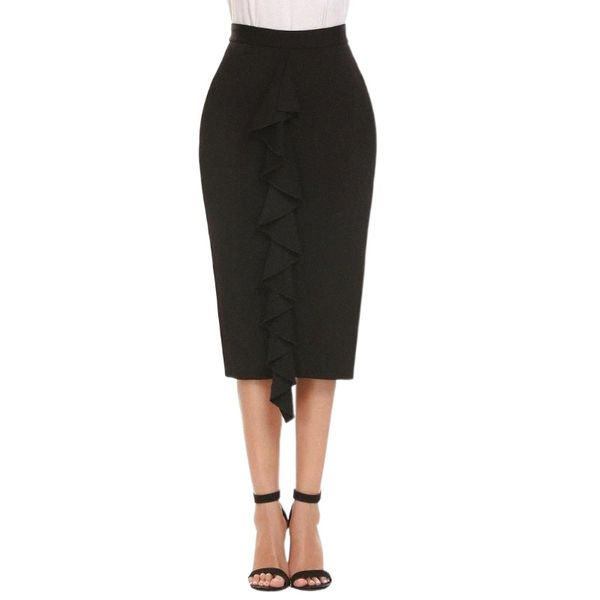 

skirts finejo skirt women casual high waist package hip ruffle solid pencil slim mid-calf party club autumn fashion p8ra#, Black
