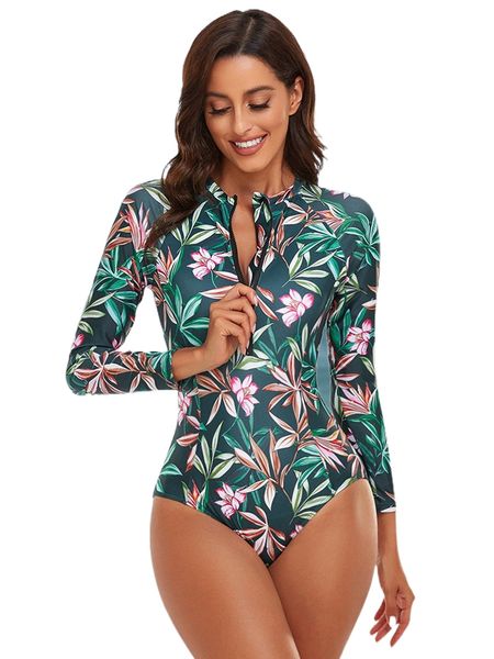 

tropical print zip front one piece swimsuit m5dg#, White;black