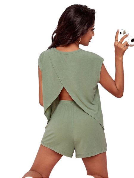 

wrap back & shorts lounge set l0hq#, Black;red