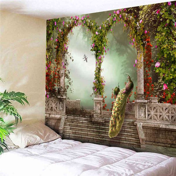 Wunderschöner Garten-Pfauenbogen-Foto-Mandala-Wandbehang, Wandteppiche, psychedelischer Wald, Vintage-europäischer Sofa-Decke-Wandteppich J220804