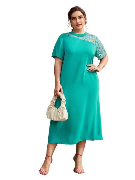 

plus lace insert dress n1lg#, Black