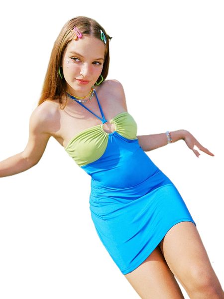 

romwe y2k revival color-block halter dress z9il#, Black;gray