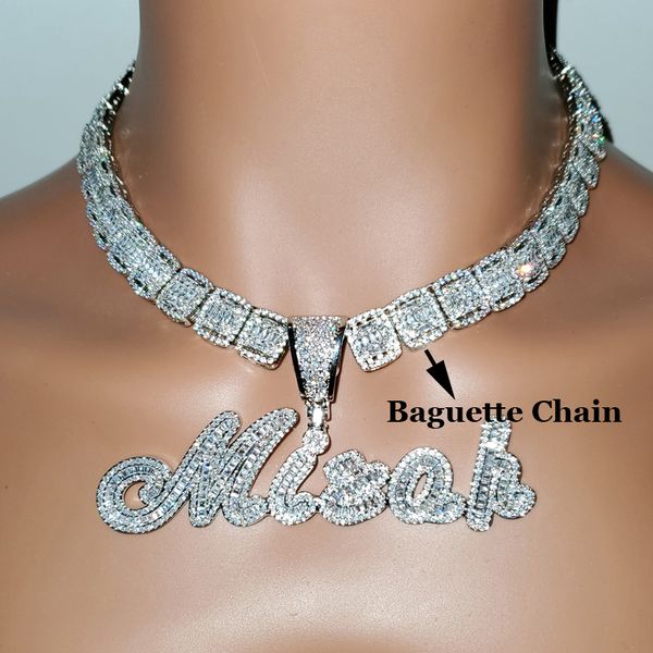 

custom brush cursive iced out letter pendant name necklace baguettes chain micro paved cz personalized hiphop jewelry, Silver