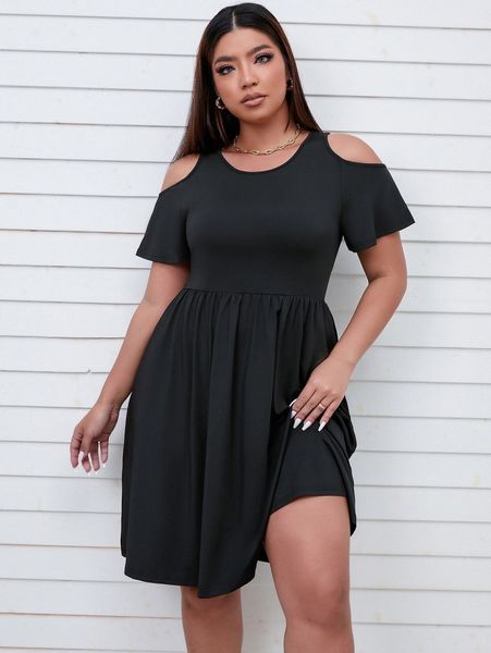 

plus cold shoulder dress v3fn#, Black