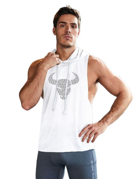 

men geo cattle print drawstring hooded sports tank w11t#, White;black