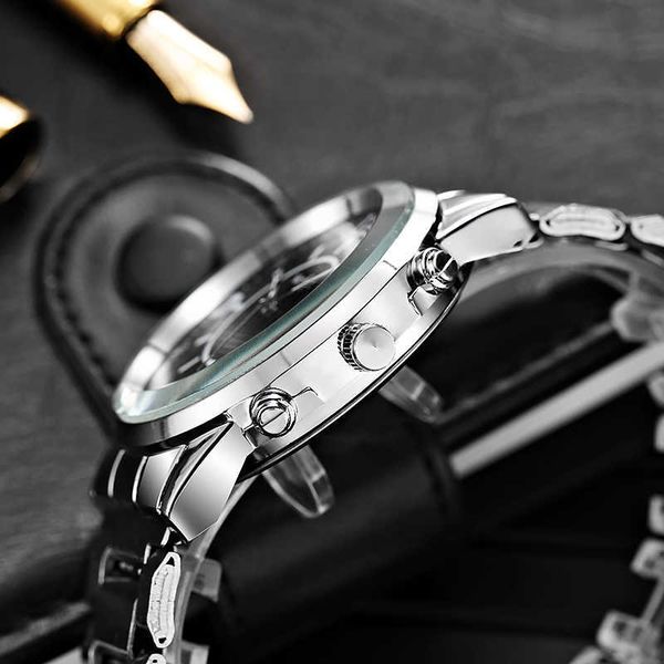 

fashion men's luxury three-eye steel band stainless quartz watch business clock, Slivery;brown