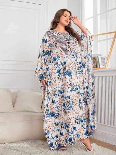 

plus floral print batwing sleeve dress c9yx#, Black