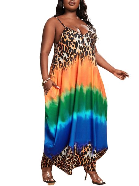 

sxy plus tie dye & leopard cami dress f2aw#, Black