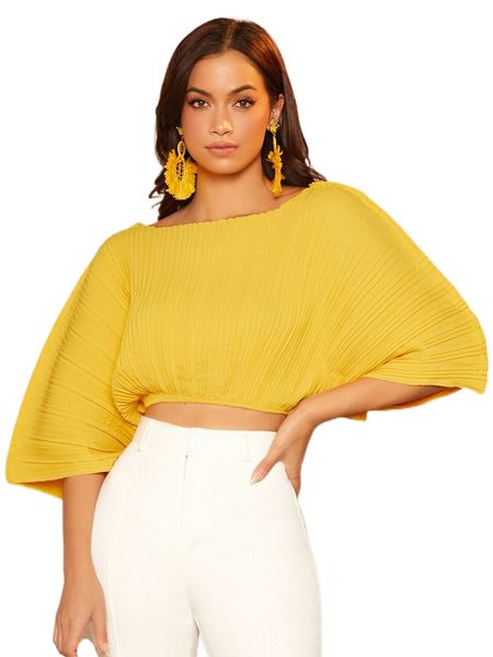 

dolman sleeve plisse crop blouse n5a2#, White