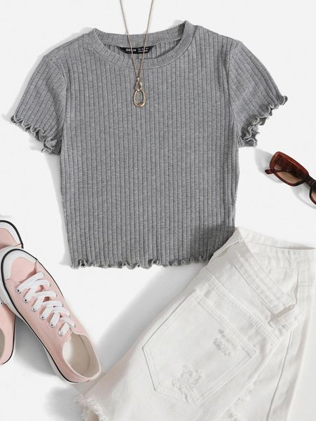 

solid lettuce trim rib-knit tee g6zm#, White