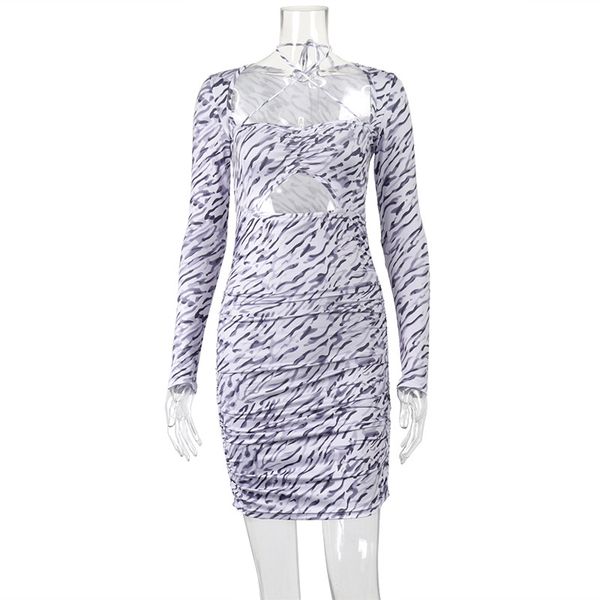 

casual dresses fashion short skirt printed hanging neck wrapped chest hollowed out long sleeve one-line collar slim wrap hip dress, Black;gray