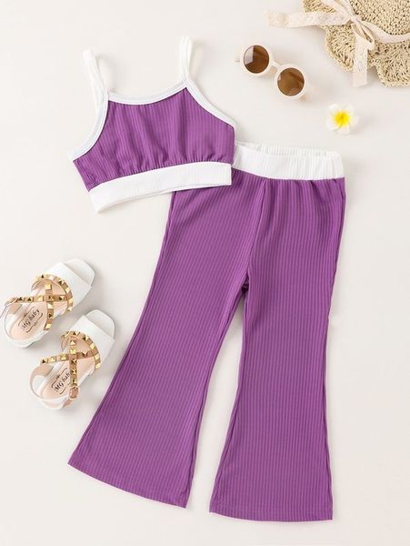 

toddler girls contrast binding cami & flare leg pants she, White