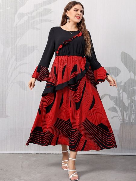 

plus wavy striped flounce sleeve ruffle trim dress a9eg#, Black