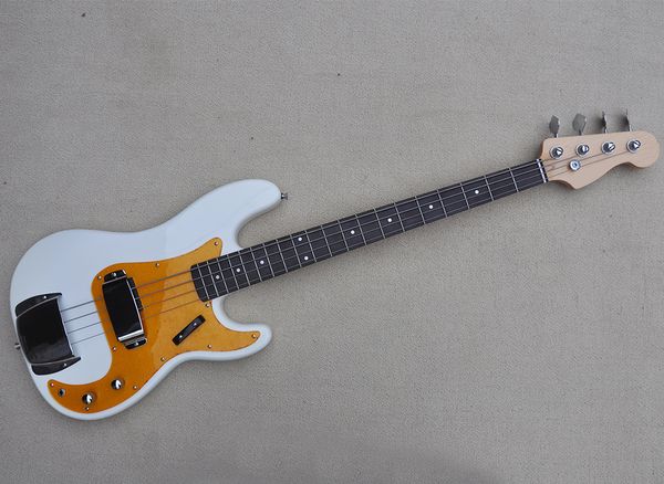 

4 strings white electric bass guitar with rosewood fingerboard gold pickguard