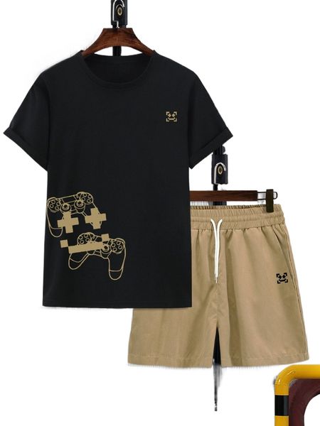 

men gamepad print tee & drawstring waist shorts l3at#, Gray