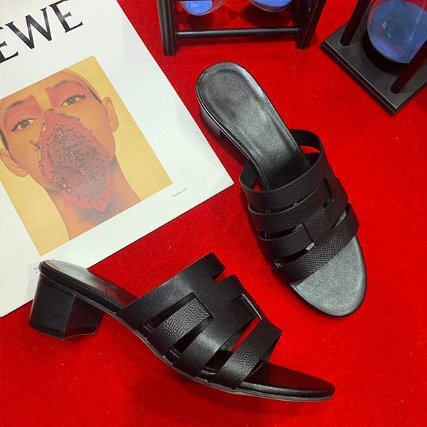

2022 summer fashion designer slippers sandals chunky rubber slides lady slipper bright high heel sandal heel height 4.5cm 35-41 with box, Black