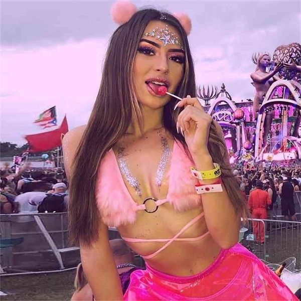 

fluffy faux fur pink bra crop festival rave halter women party club summer beach backless bandage bralette camis 210326, White
