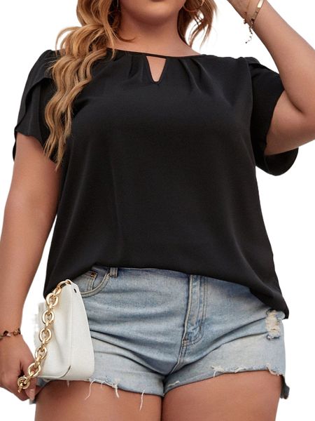 

plus keyhole neck petal sleeve blouse d4ji#, Black