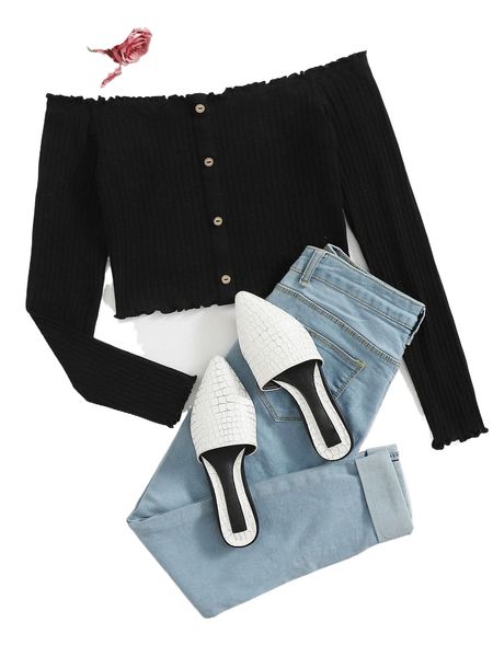 

off shoulder lettuce trim button front x1eg#, White