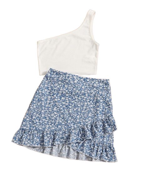 

one shoulder crop & ditsy floral skirt set r6qd#, White