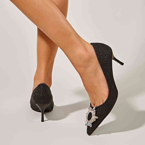 

dress shoes eilyken 2022 autumn thin heels silver bling pump sandals sun flower crystal diamond pointed toe women wedding party 220507, Black