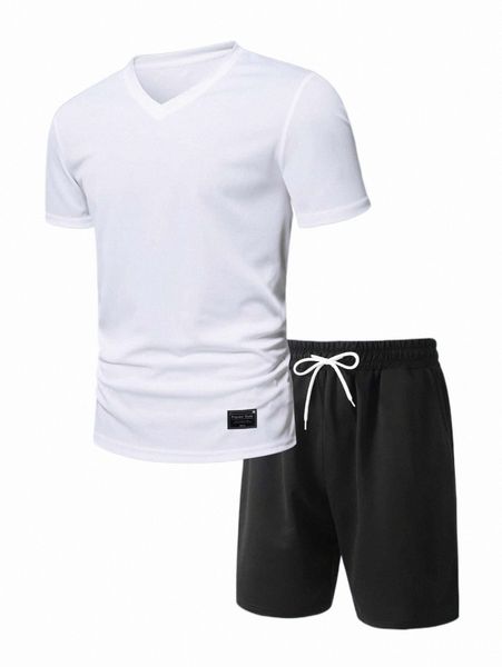 

men patch detail tee & drawstring waist shorts d9um#, Gray