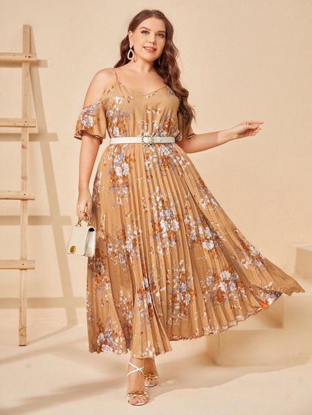 

plus floral cold shoulder pleated hem dress without belt d3ks#, Black