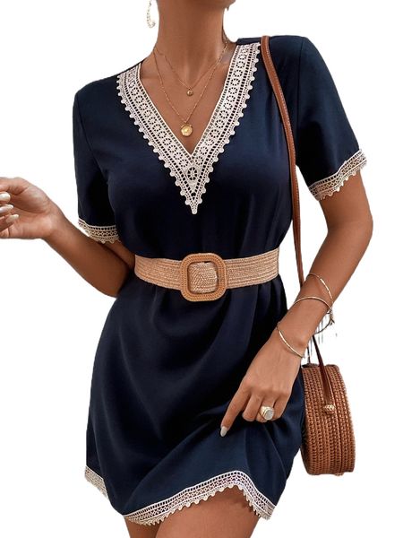 

contrast guipure lace tunic dress without belt x8wi#, Black;gray