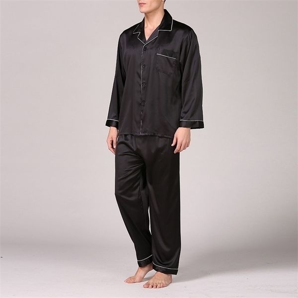 Oeak Herrenmode Frühling und Sommer Klassisches Satin-Pyjama-Set 2-teilig Neue einfarbige Langarm-ShirtsHosen Lässige Nachtwäsche T200813