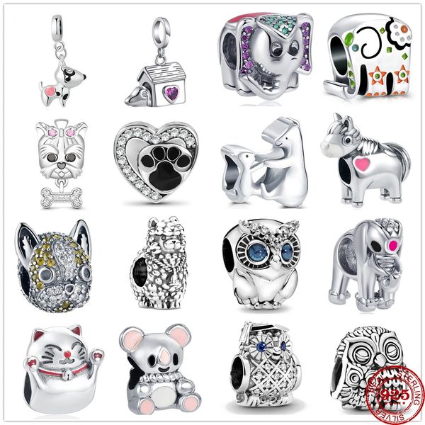 925 Silver Fit Pandora Stitch Bead Animal Dog Owl Elephant Bracelet Charme Minchações Dangle Diy Jóias Acessórias