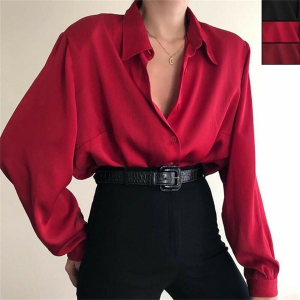 Женские блузки на пуговицах, рубашки с отложным воротником, офисная женская повседневная блузка с длинным рукавом, свободная рубашка OL, мешковатые топы, красный/винно-красный/черный 220623