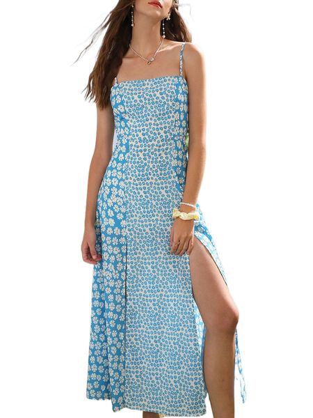 

allover floral print split thigh cami dress p3la#, Black;gray