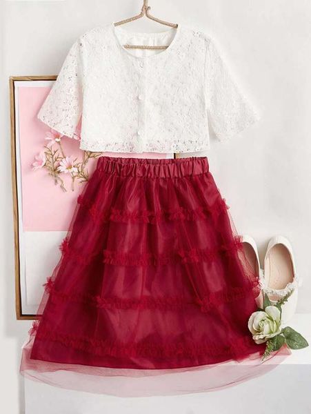 

girls contrast lace button front & frill trim mesh overlay skirt she, White