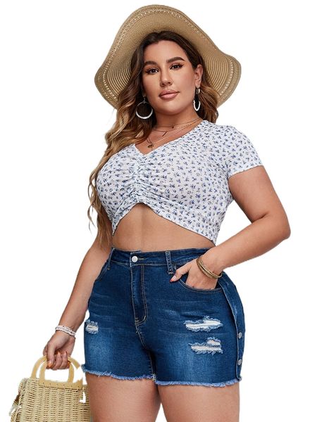 

plus high waist ripped raw trim denim shorts m7q0#, White;black