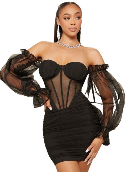 

off shoulder sheer mesh insert ruched dress u7pc#, Black;gray