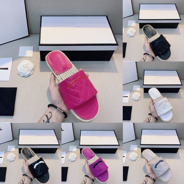 

2022 summer women straw rope sandals designer slipper flat platform sandal outdoor beach flip flops leather quilted plaid casual shoes flip, Black