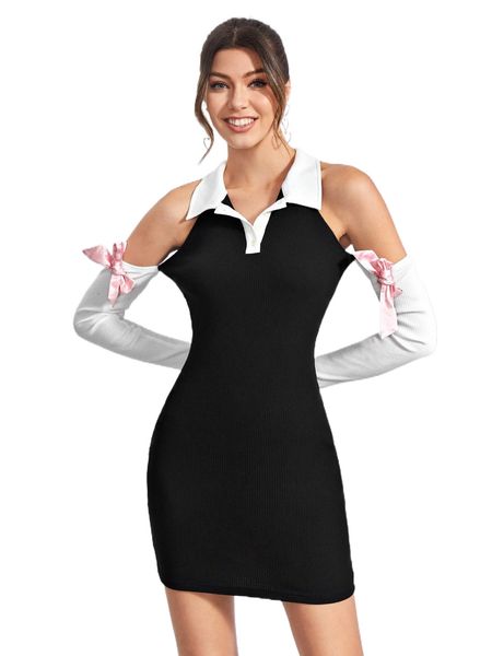 

x trang duong cold shoulder bow front two tone bodycon dress 54ve#, Black;gray